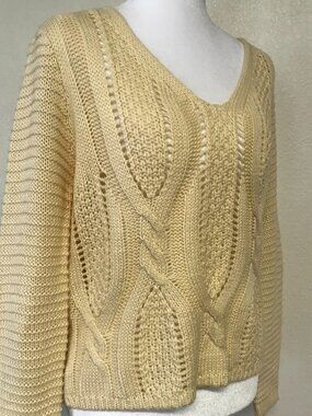 Sadie & Sage Lace-Up Cable Knit Sweater Size L Cream Ivory Chunky Cozy Boho